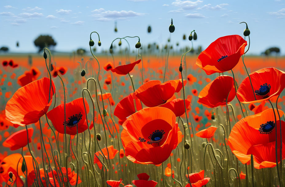 Bright red poppies in sunlit field with dark centers, green stems, trees, blue sky.