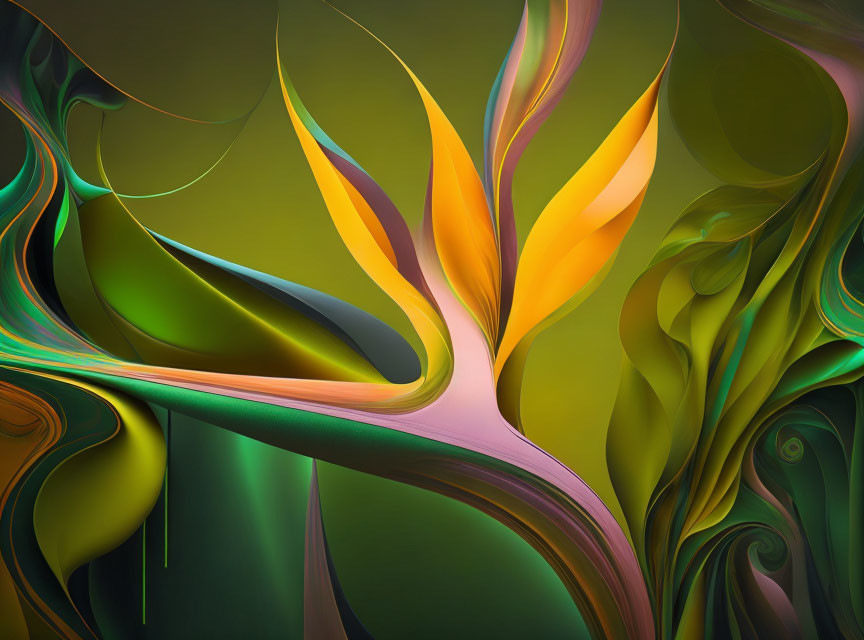 Vivid Green, Orange, and Yellow Abstract Digital Art with Flowing Shapes