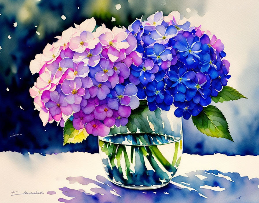 Vibrant blue and pink hydrangeas in glass bowl watercolor painting