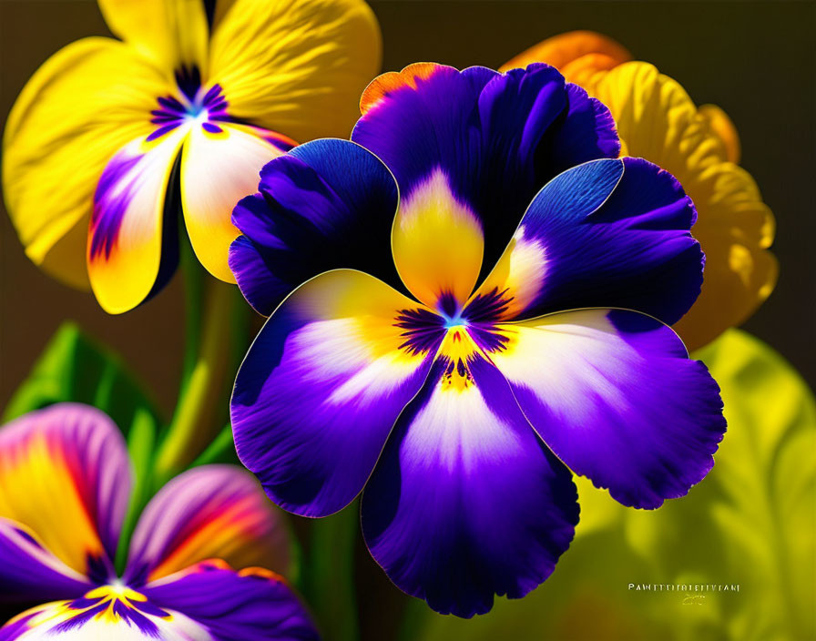 Colorful Pansy Flowers in Purple, Yellow, and Blue Hues