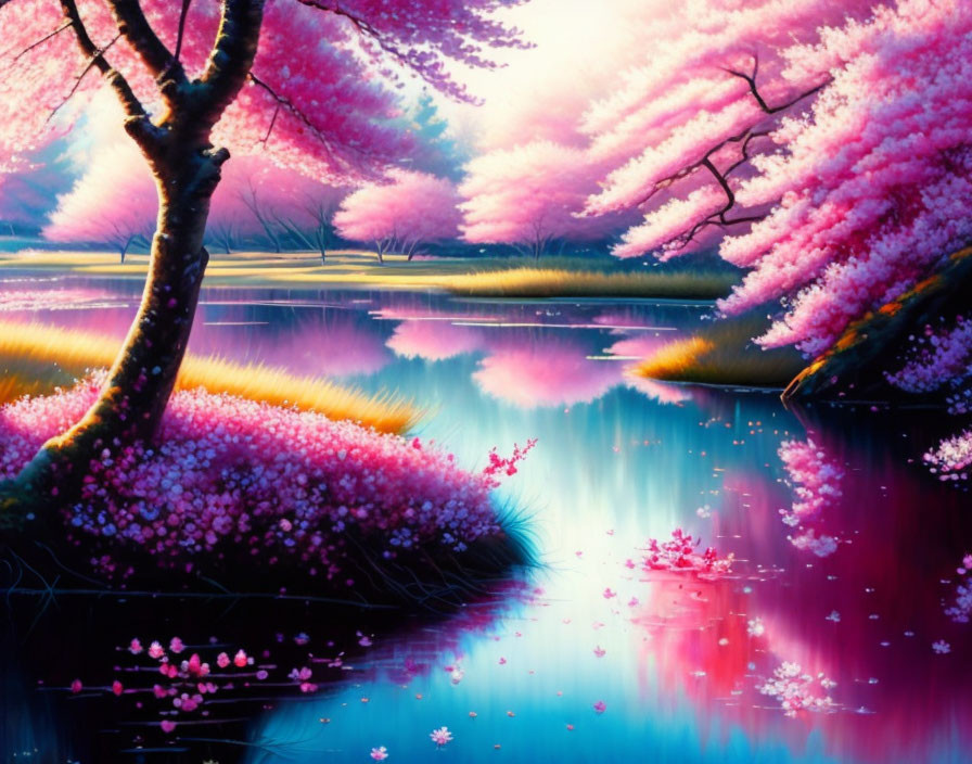 Serene landscape with pink cherry blossoms by tranquil lake