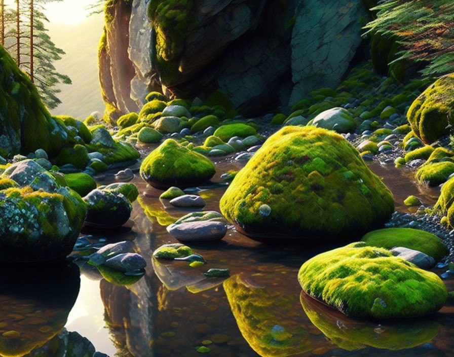 Sunlit forest stream with moss-covered rocks and lush greenery