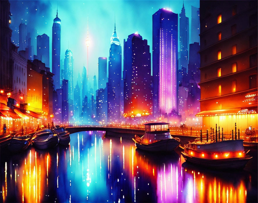 Colorful Neon-Lit Cityscape Artwork with River and Boats