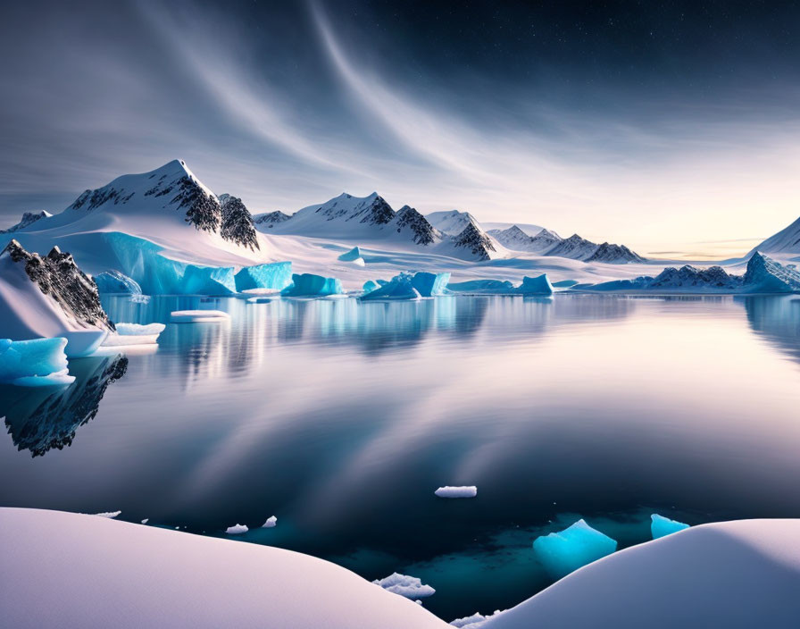 Twilight polar landscape with icy waters, icebergs, snow hills, dramatic sky