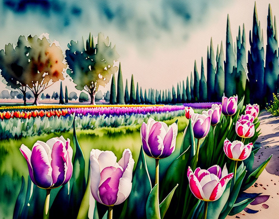 Vibrant watercolor painting: Blooming tulip field with colorful flowers and cypress trees