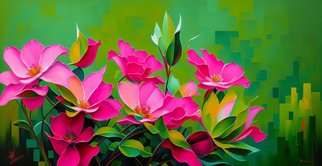 Pink Flowers Painting with Green Abstract Background