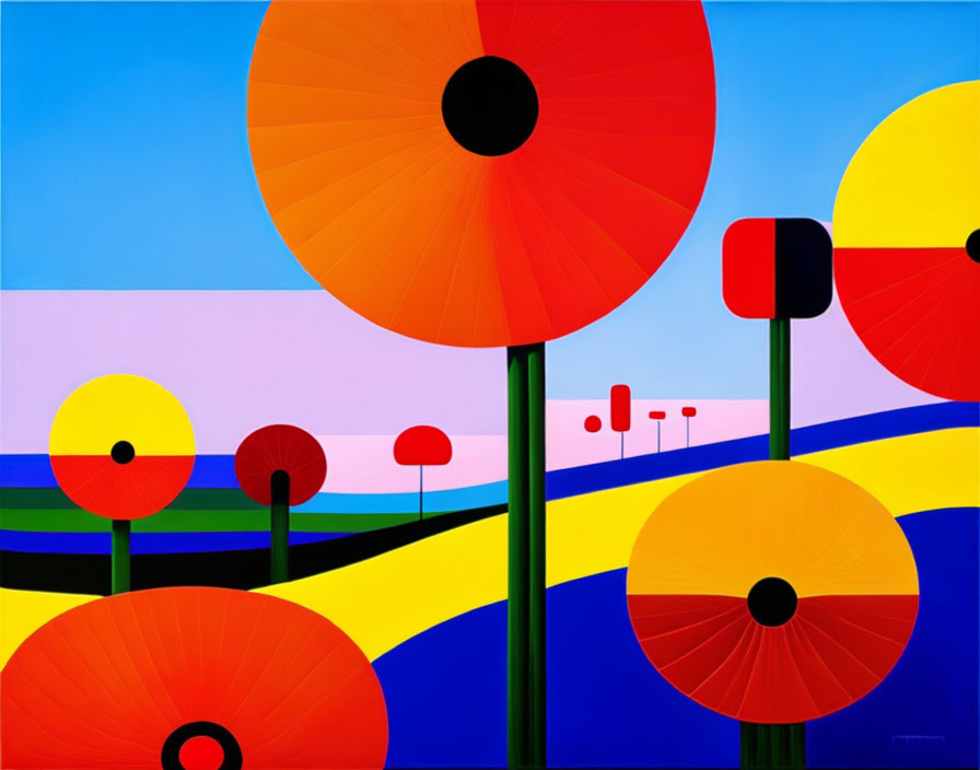 Colorful Poppy Landscape Painting with Abstract Background