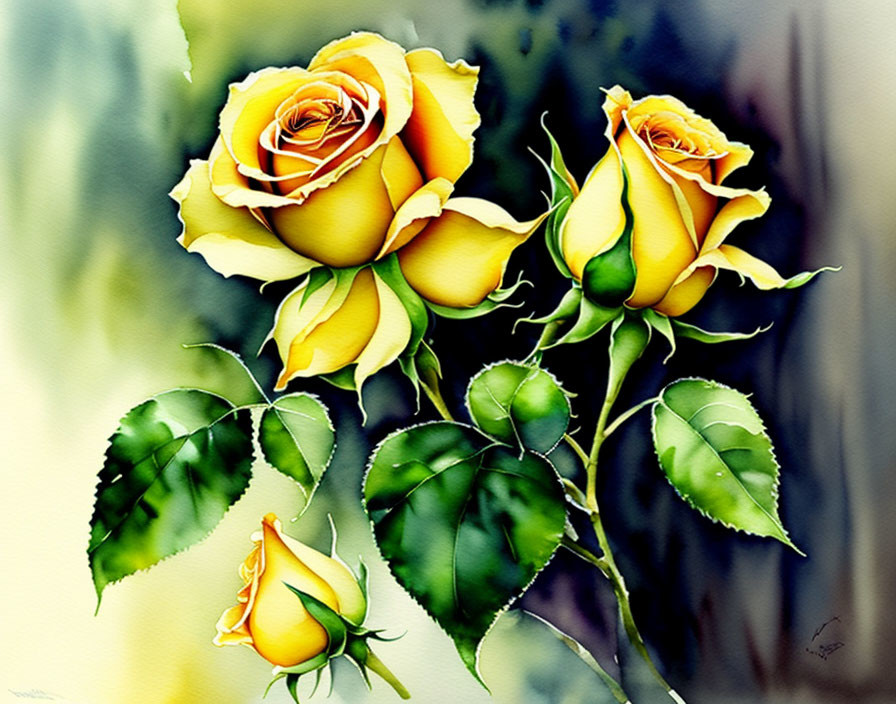 Vibrant watercolor painting: Three yellow roses, green leaves, soft blurred background