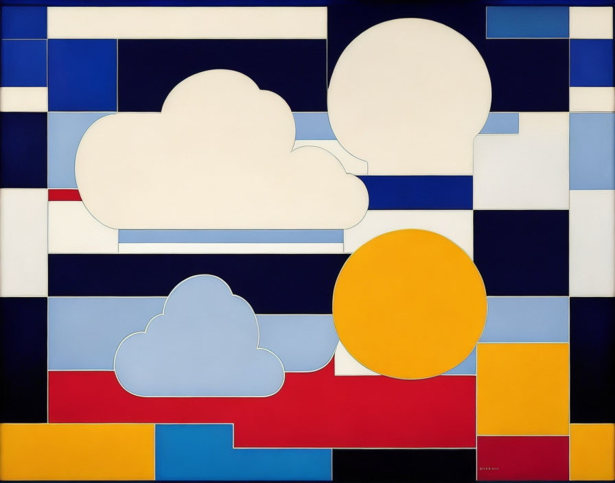 Geometric abstract painting with sun, moon, clouds on blue, red, yellow grid