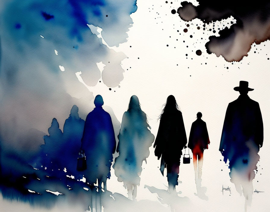 Abstract Watercolor Painting of Four Walking Silhouettes