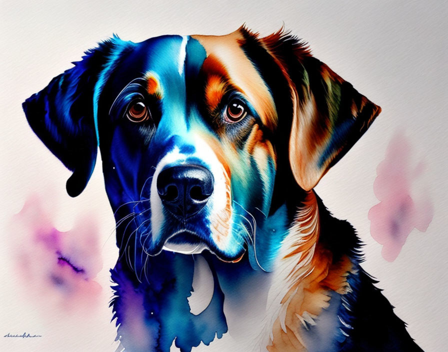 Colorful Watercolor Painting of Dog with Expressive Eyes