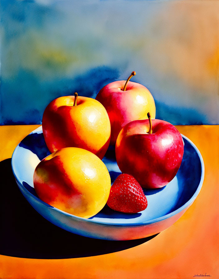 Still Life Painting: Four Apples and Strawberry on Blue Plate