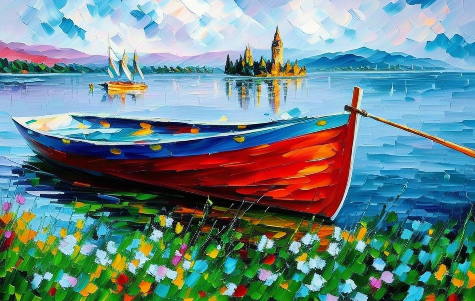 Colorful oil painting of red and blue boat on lake with sailboats, castle, and mountains under