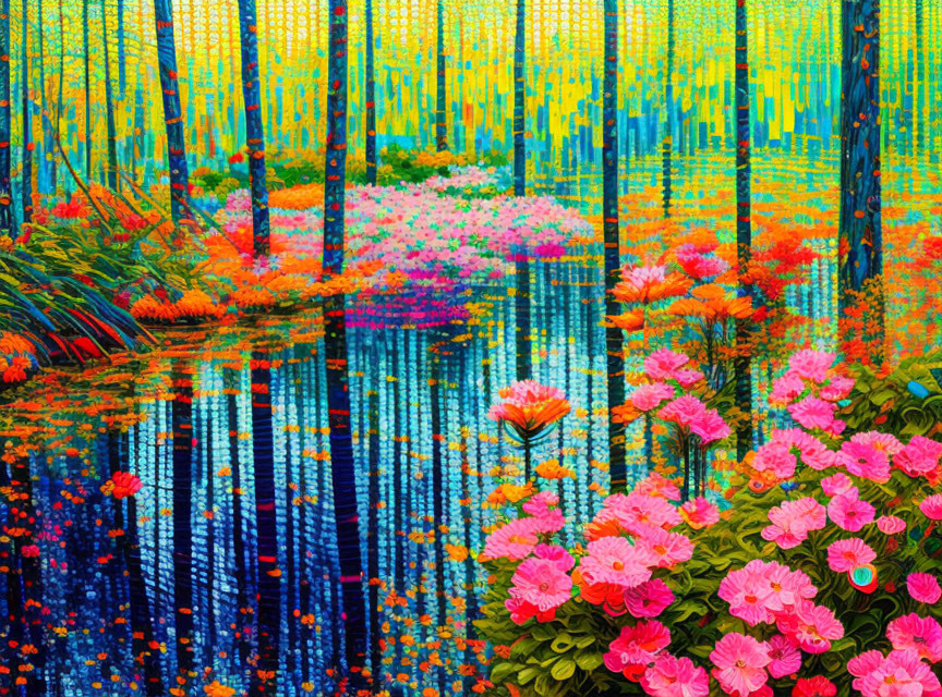 Colorful Impressionistic Painting of Lush Garden with Pond