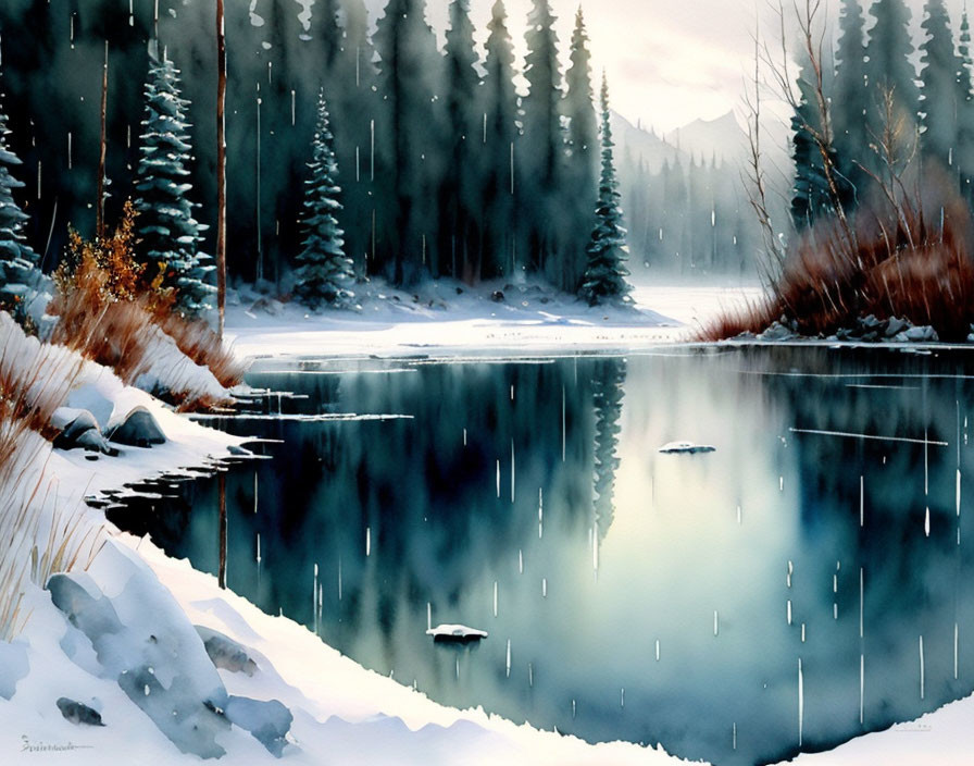 Snowy winter landscape with evergreen trees, serene lake, and gentle snowfall