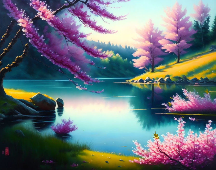 Tranquil landscape: Pink cherry blossoms, calm lake, sunlit grass, purple trees reflected