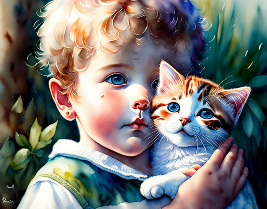 Child with Blue Eyes Holding Kitten in Greenery