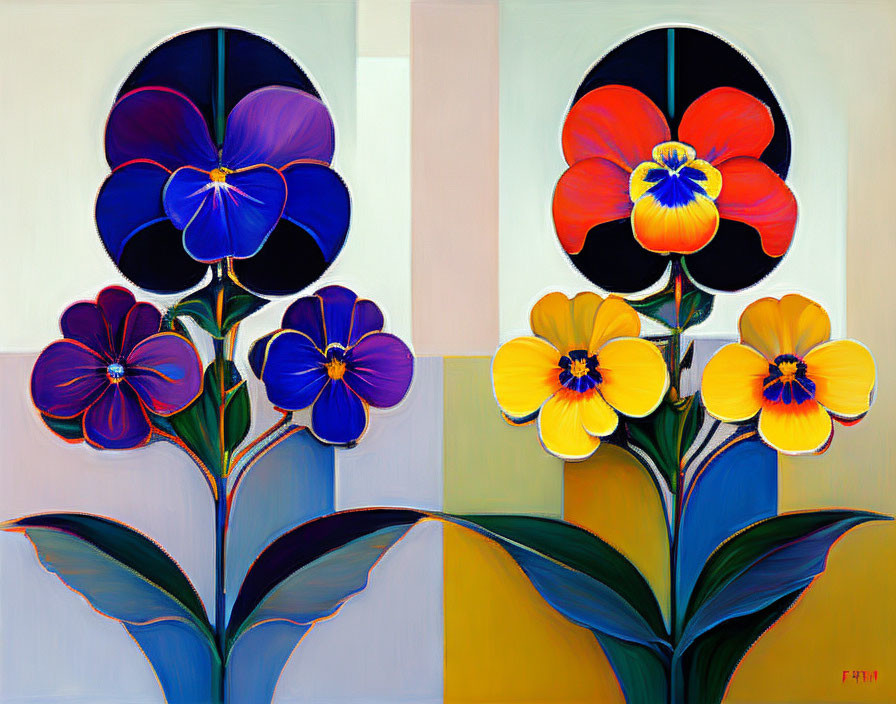 Colorful painting of stylized pansy flowers on vibrant background