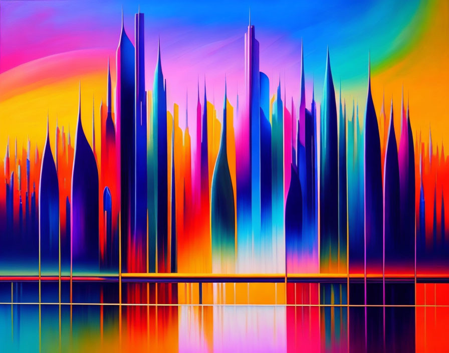 Colorful abstract cityscape painting with stylized skyscraper silhouettes.