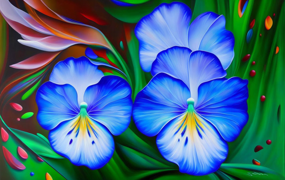 Colorful floral painting with blue flowers and vibrant foliage.