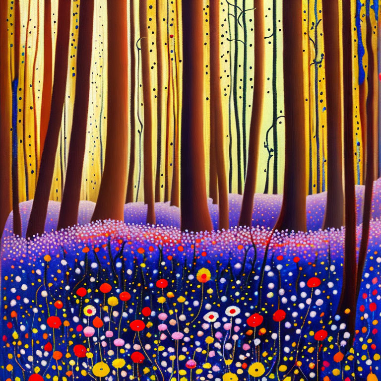 Colorful stylized forest painting with tall trees and dotted underbrush