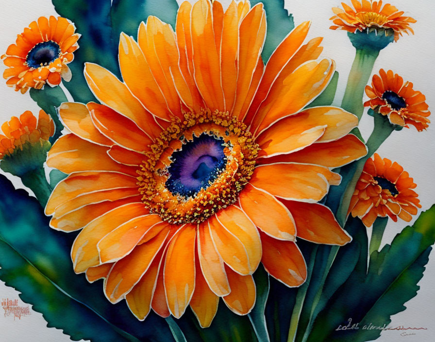 Colorful watercolor painting of an orange gerbera daisy