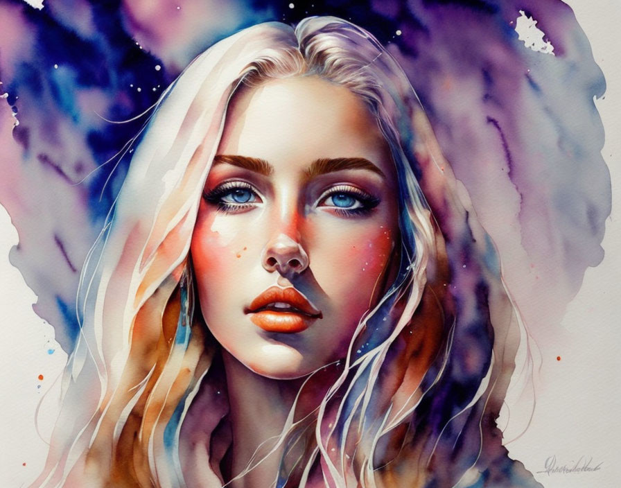 Blonde Woman with Blue Eyes in Watercolor Portrait