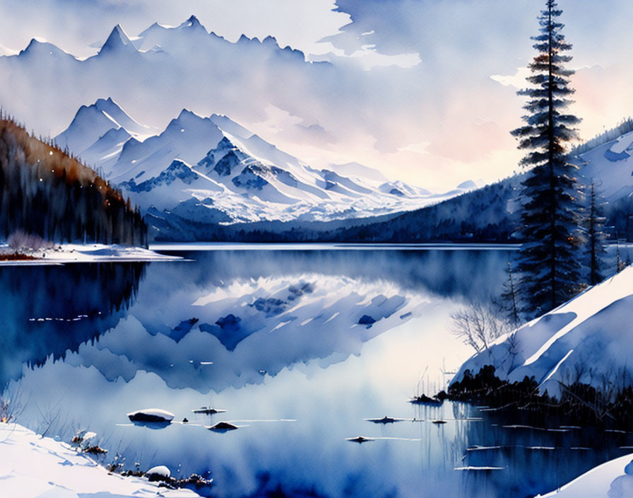 Tranquil watercolor painting of snowy landscape with lake, forest, and mountains