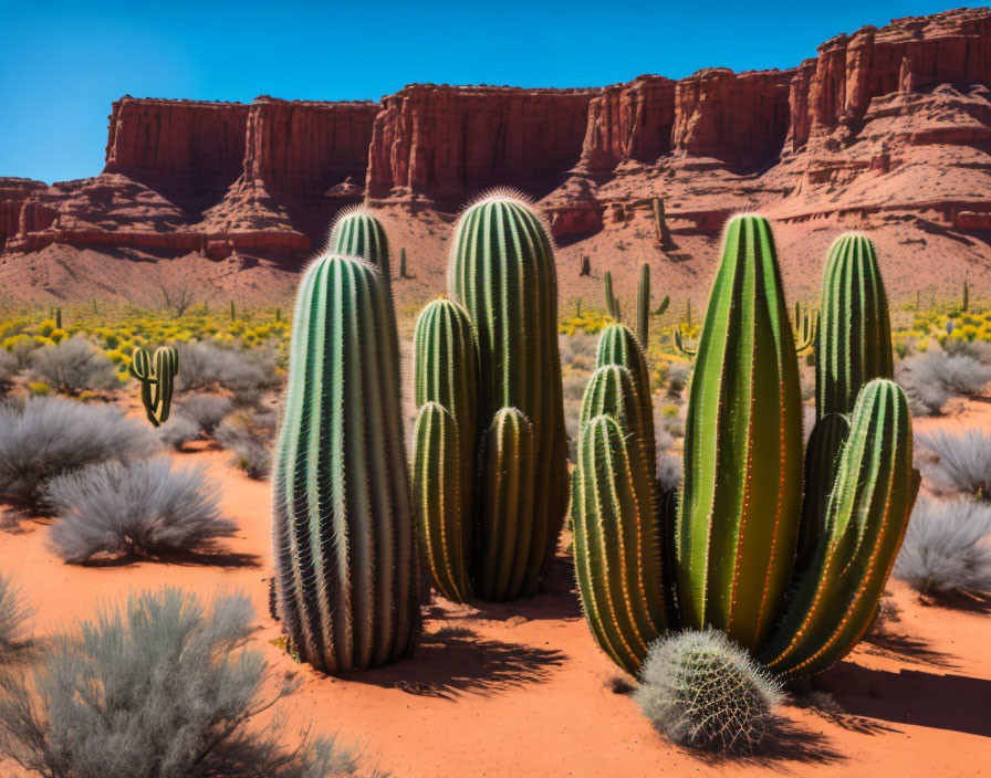 Desert landscape with vibrant green cacti and red rock formations