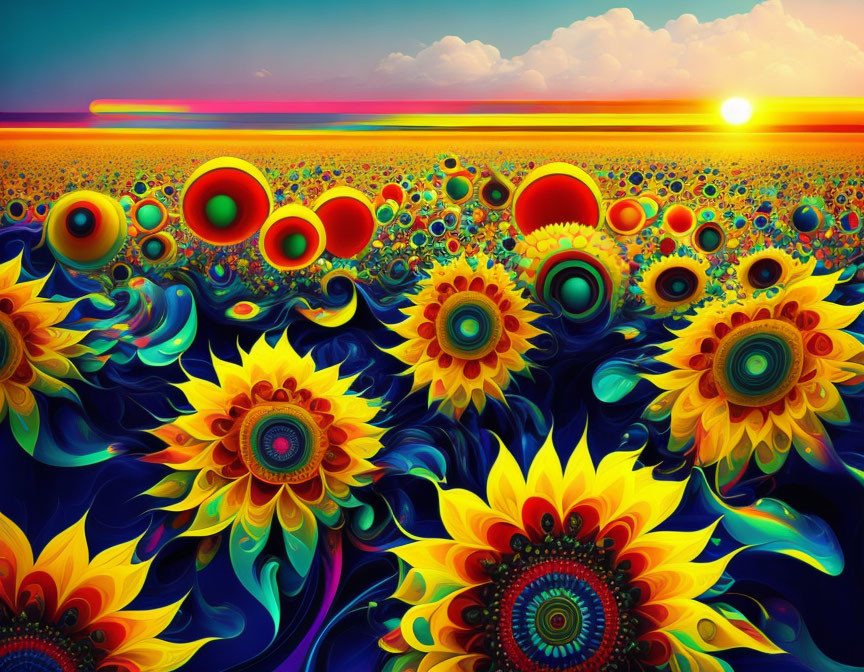 Colorful Psychedelic Landscape with Sunflowers and Patterns