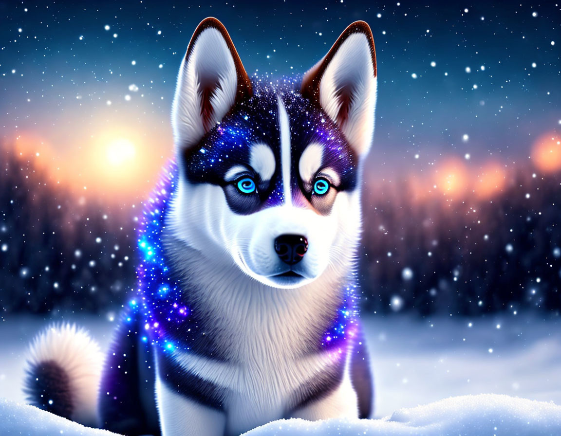 Digitally enhanced Siberian Husky with galaxy pattern in snowy twilight scene