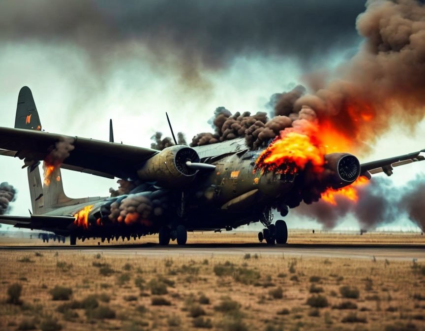 Propeller aircraft engine on fire on a runway with dark smoke, cloudy sky.