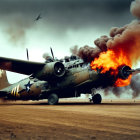 Propeller aircraft engine on fire on a runway with dark smoke, cloudy sky.