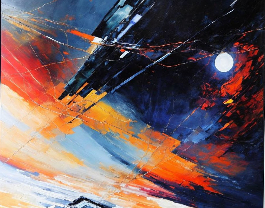 Dynamic abstract painting in blue, orange, and white with celestial theme and intersecting lines.