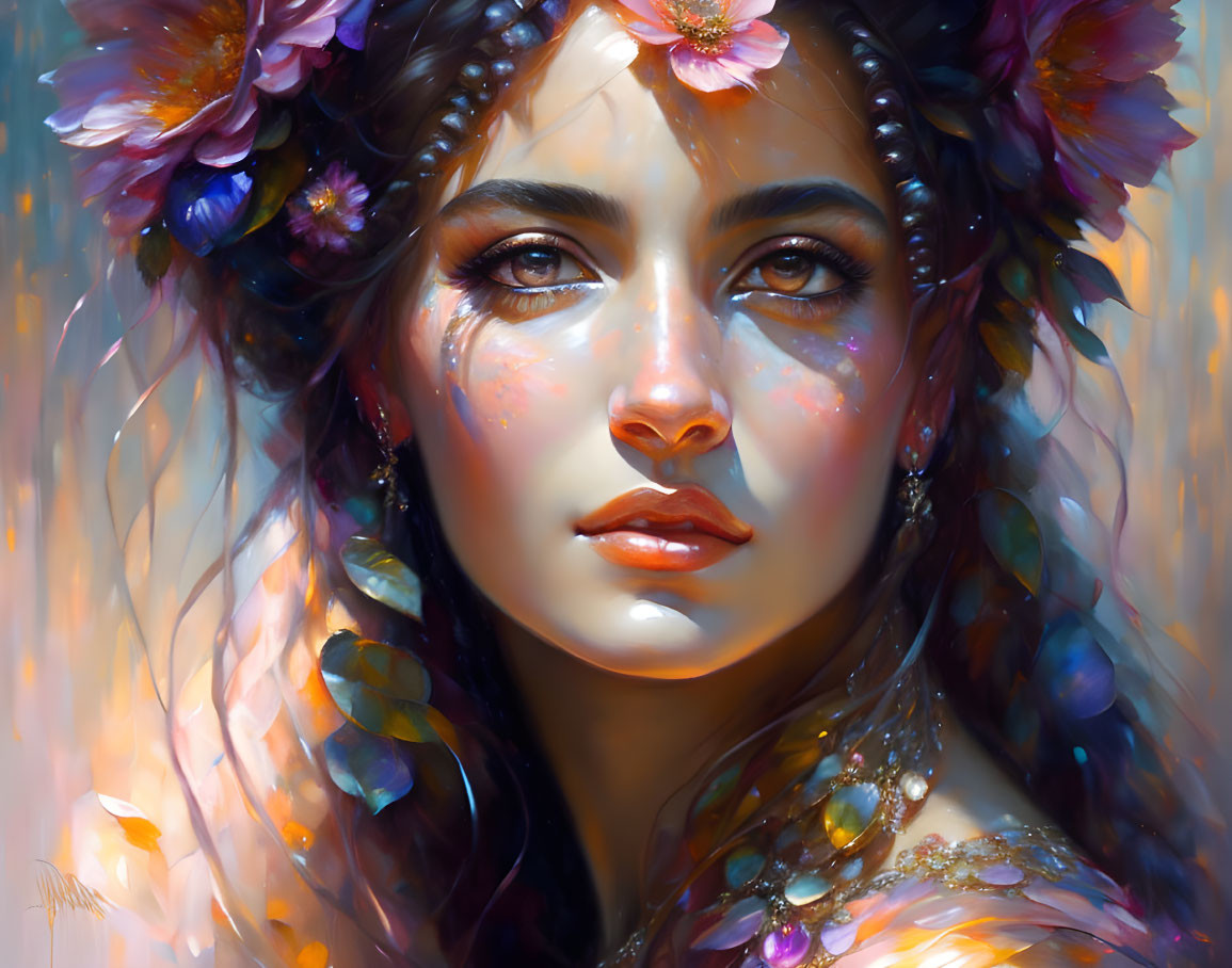 Colorful Flower and Feather Adorned Woman Portrait with Luminous Eyes