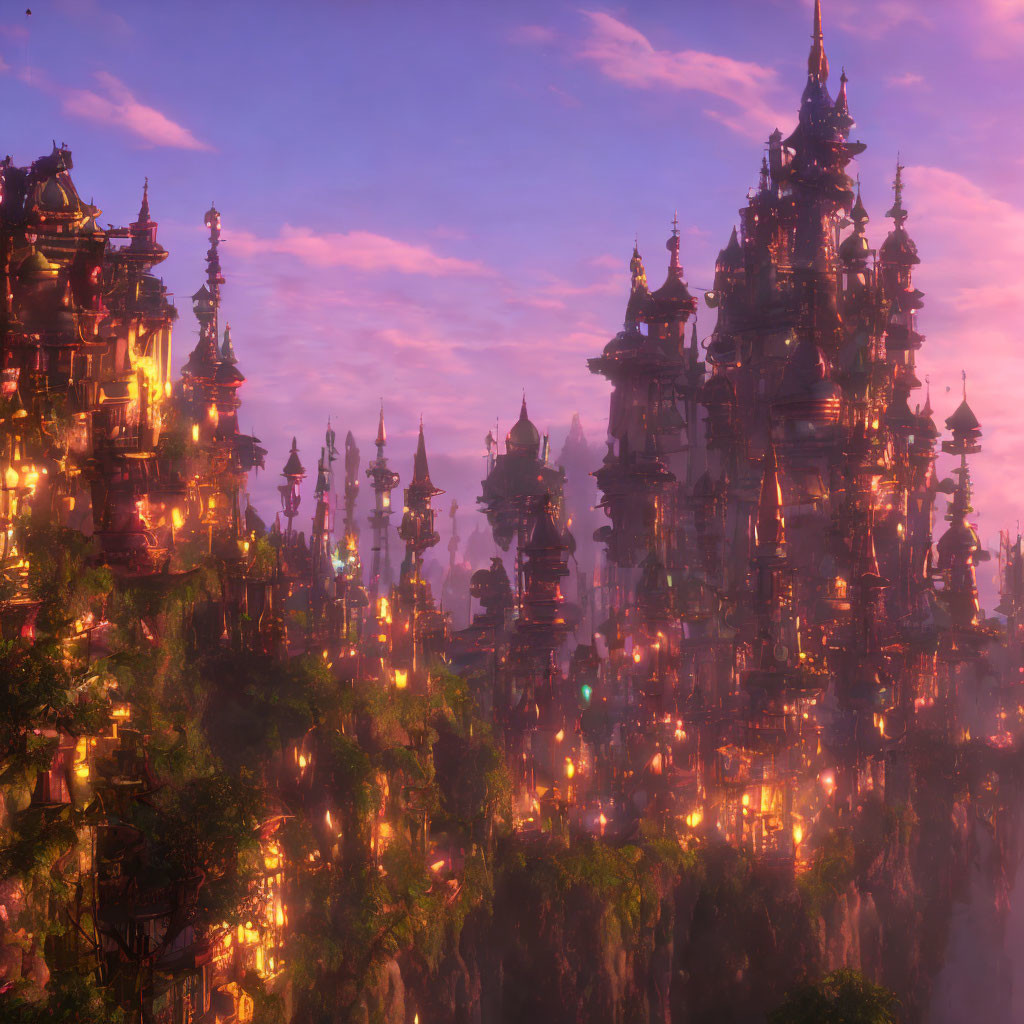 Mystical city with towering spires at sunset amidst floating rocks and lush foliage