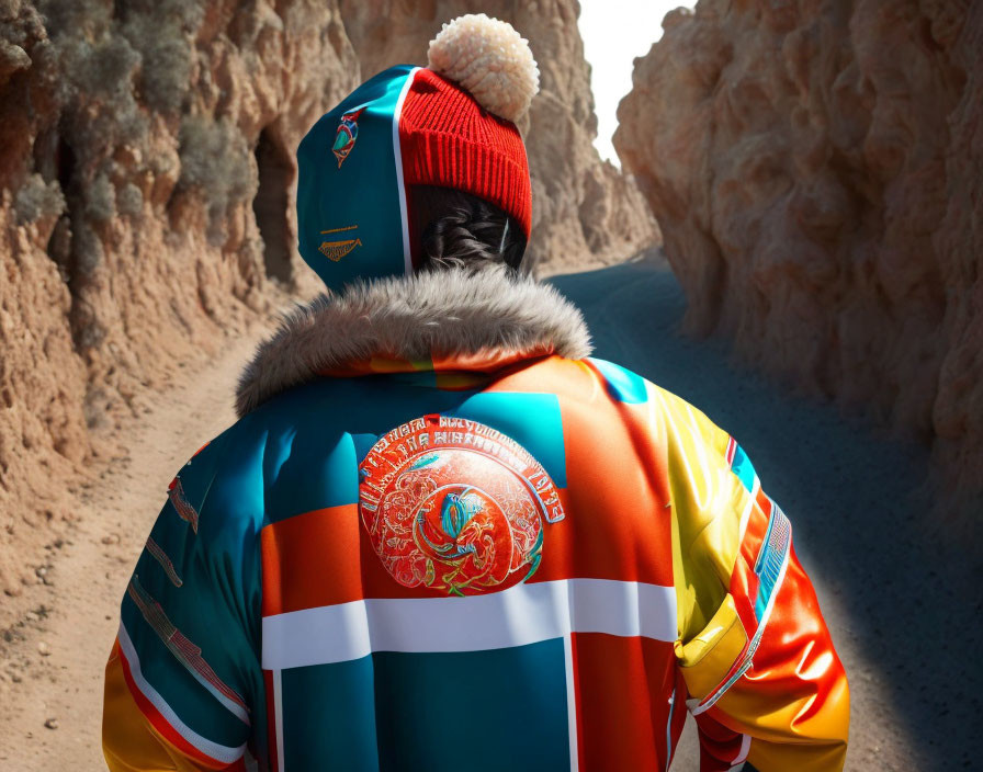 Colorful Jacket with Emblem and Text on Person Walking Down Rocky Path