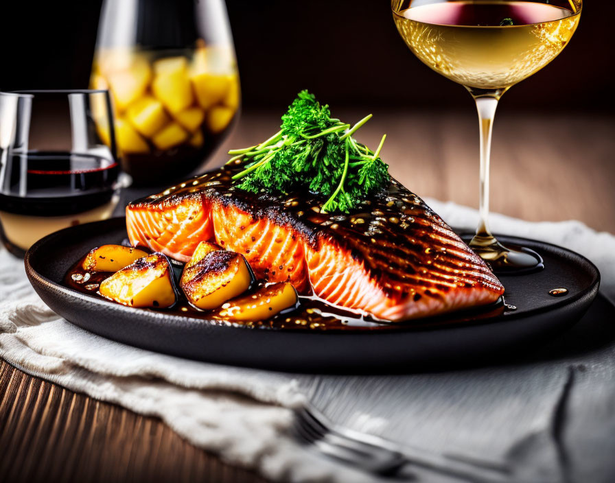 Grilled Salmon Fillet with Glaze on Black Plate, Roasted Peaches, and Wine Glasses