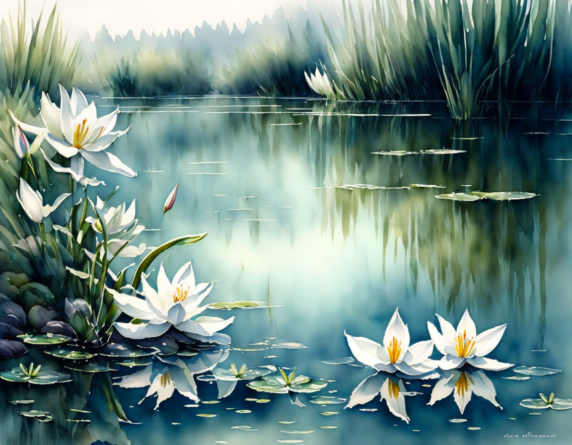 Tranquil Pond with White Water Lilies and Lush Greenery