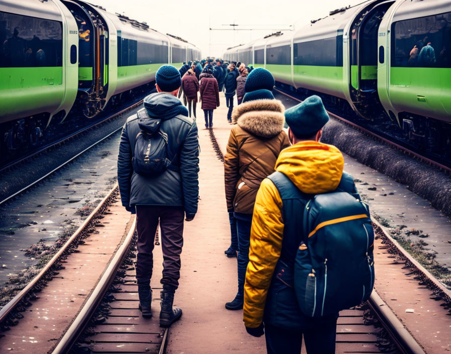 Busy winter travel scene on a train platform with bundled commuters walking.