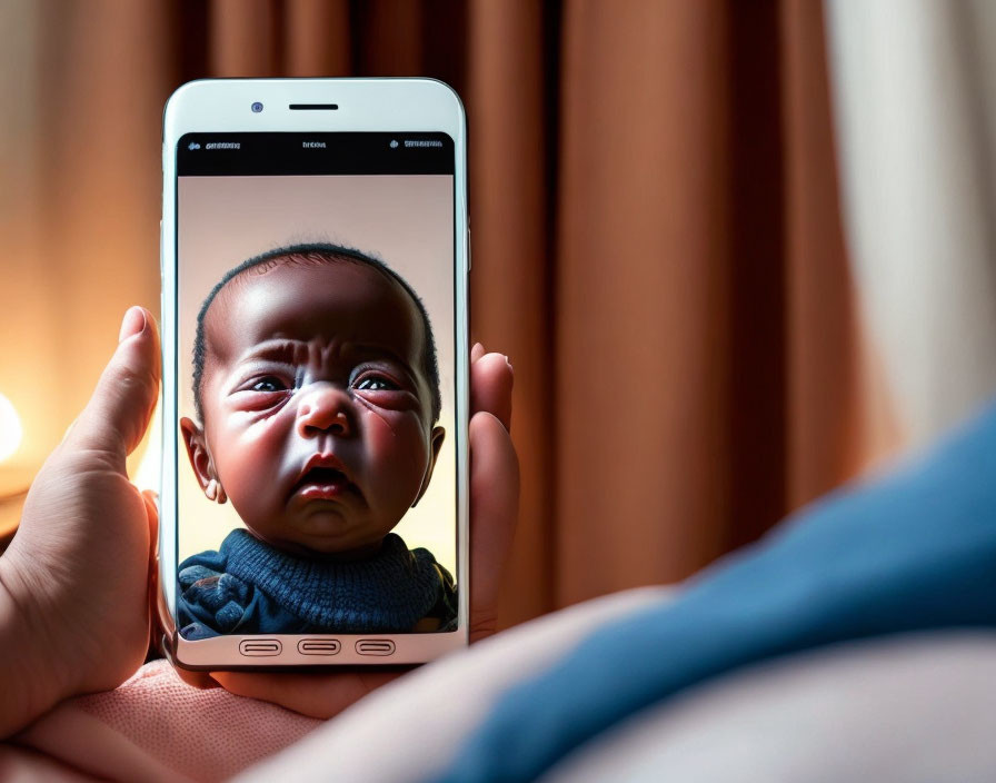 Close-up of crying baby's face on smartphone screen held by person's hands