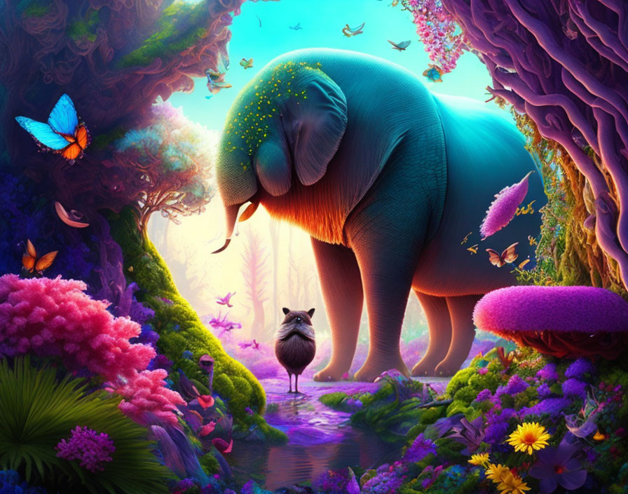 Colorful illustration: Majestic elephant and bird in lush forest