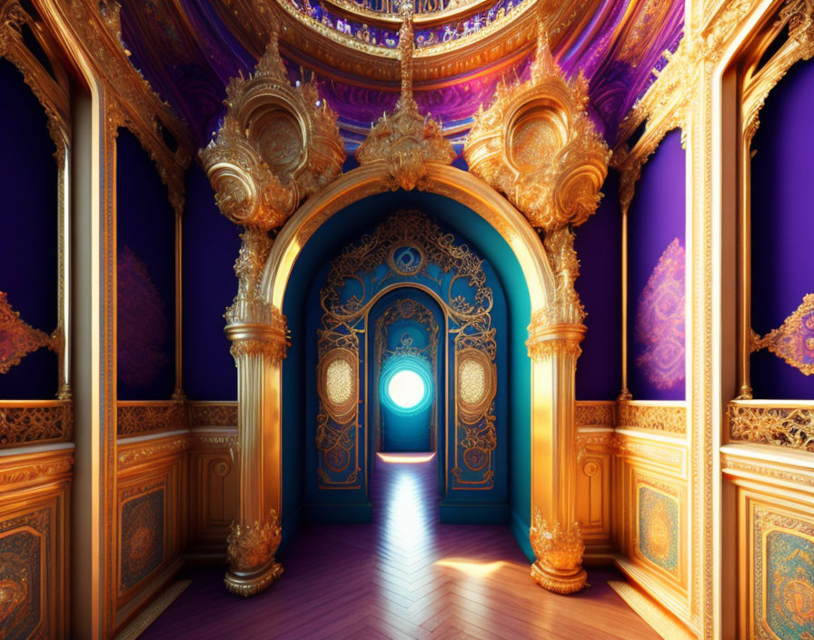 Ornate room with golden decorations, blue doors, and glowing portal