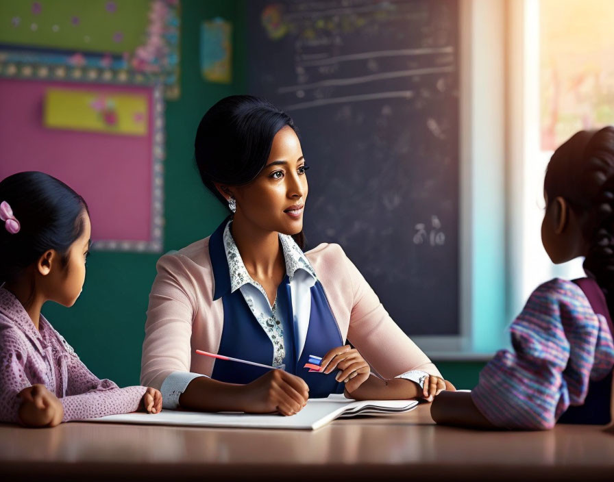 Teacher interacting with two students at classroom desk with chalkboard.