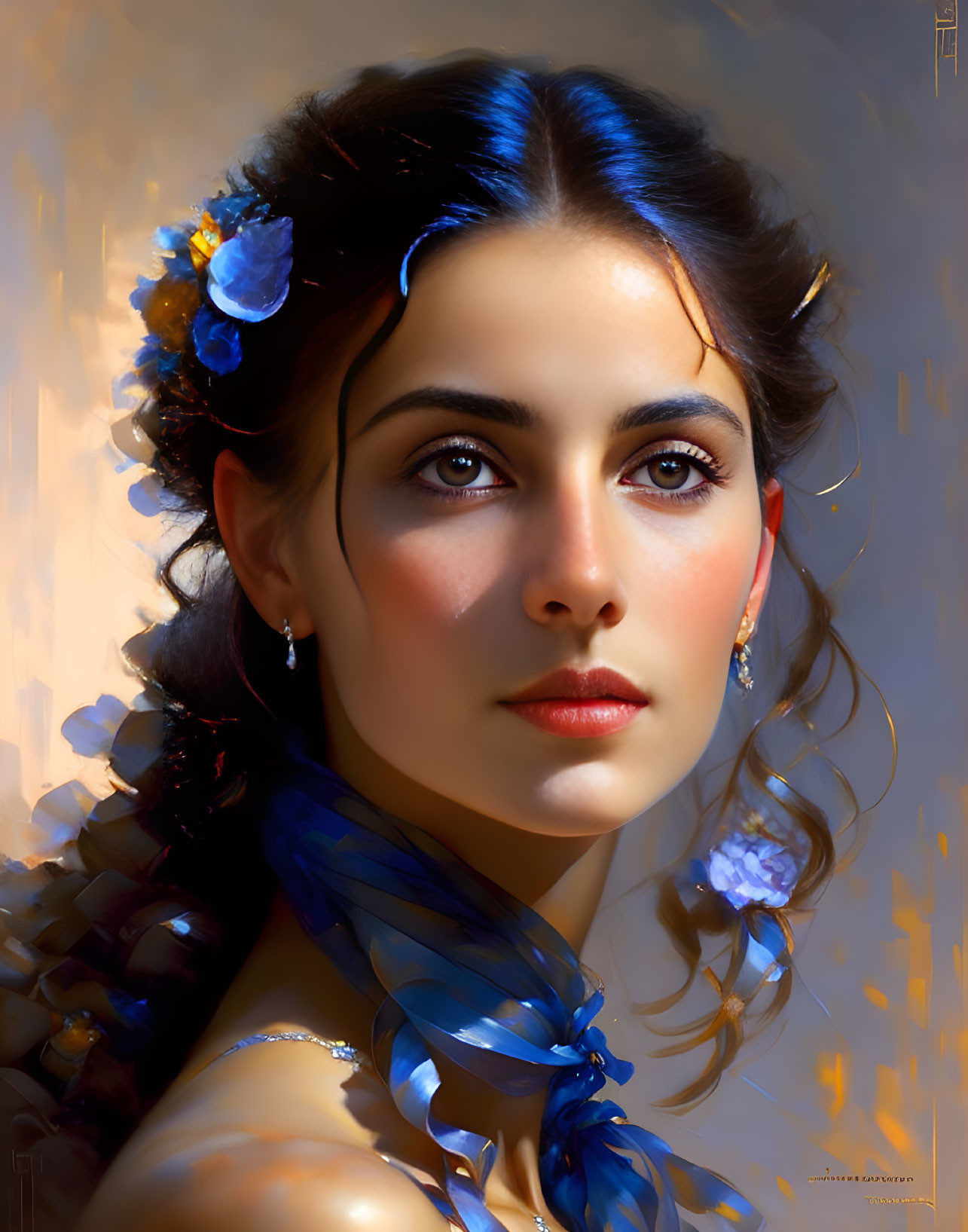 Portrait of woman with dark hair and blue flowers, ribbon, gazing under golden light