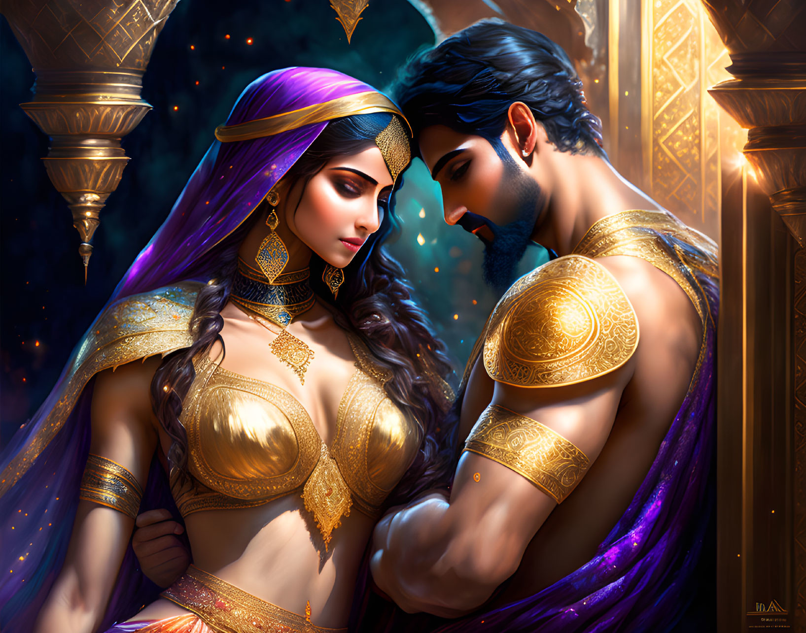 Regal couple in opulent traditional attire under starlight