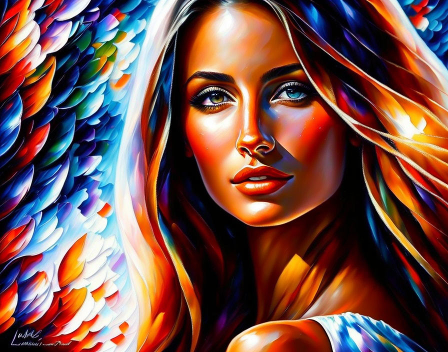 Colorful portrait of a woman with flowing hair and wing-like patterns in vibrant hues.