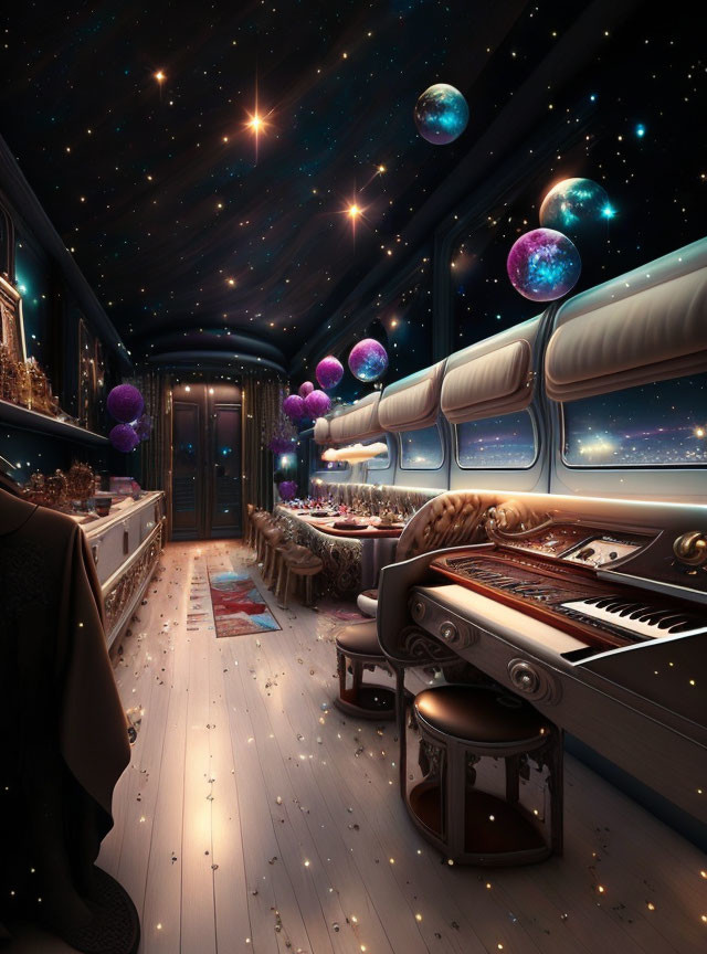 Luxurious room with starry walls, grand piano, plush seats, and floating colorful orbs.