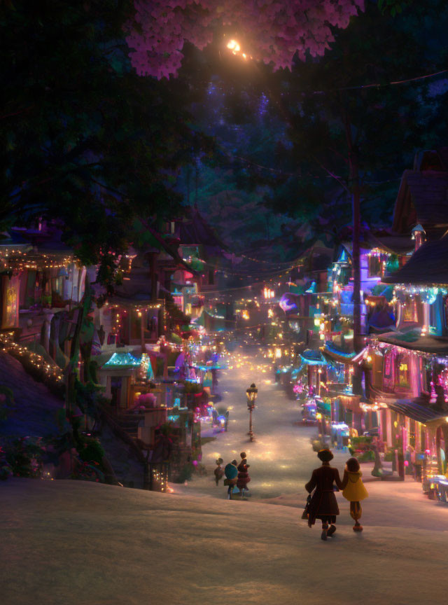 Village Night Scene with Glowing Lanterns and People Walking