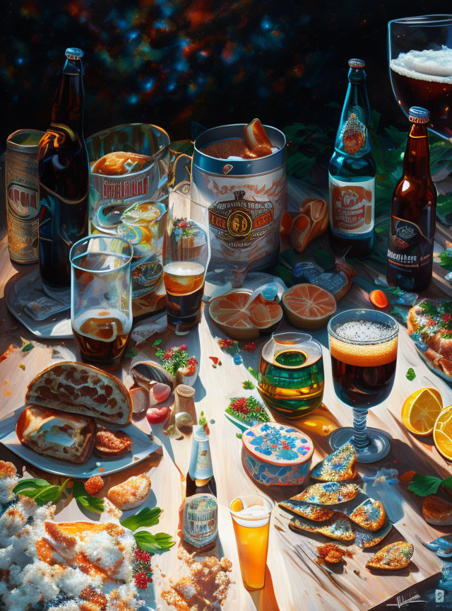 Colorful Still Life Painting of Beer Bottles, Glasses, Citrus Fruits, and Snacks